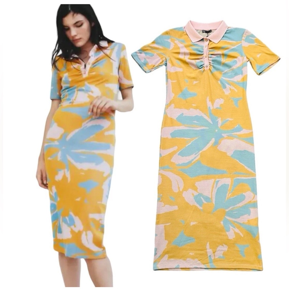 NEW ZARA Jacquard Polo Knit Midi Dress Short Sleeve Size small